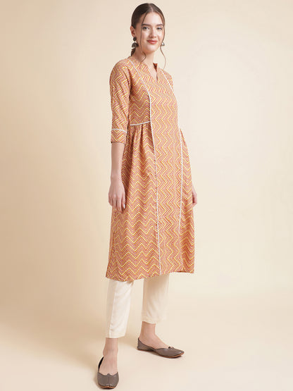 Yellow Zigzag Cotton Blend Women Kurtas