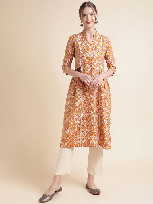 Yellow Zigzag Cotton Blend Women Kurtas