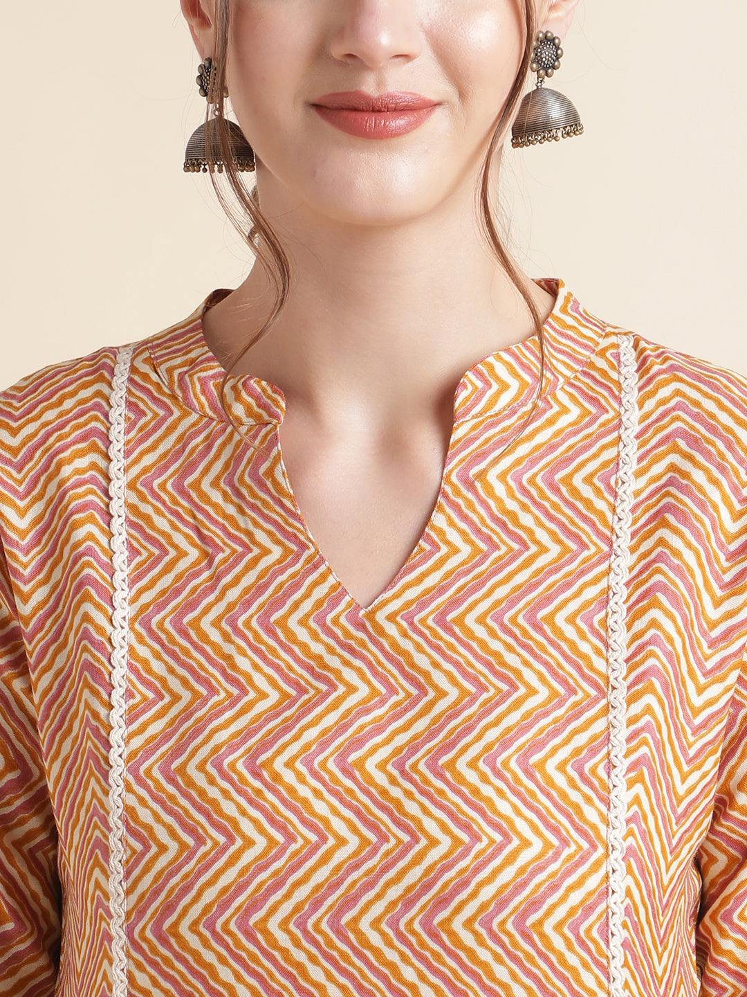 Yellow Zigzag Cotton Blend Women Kurtas