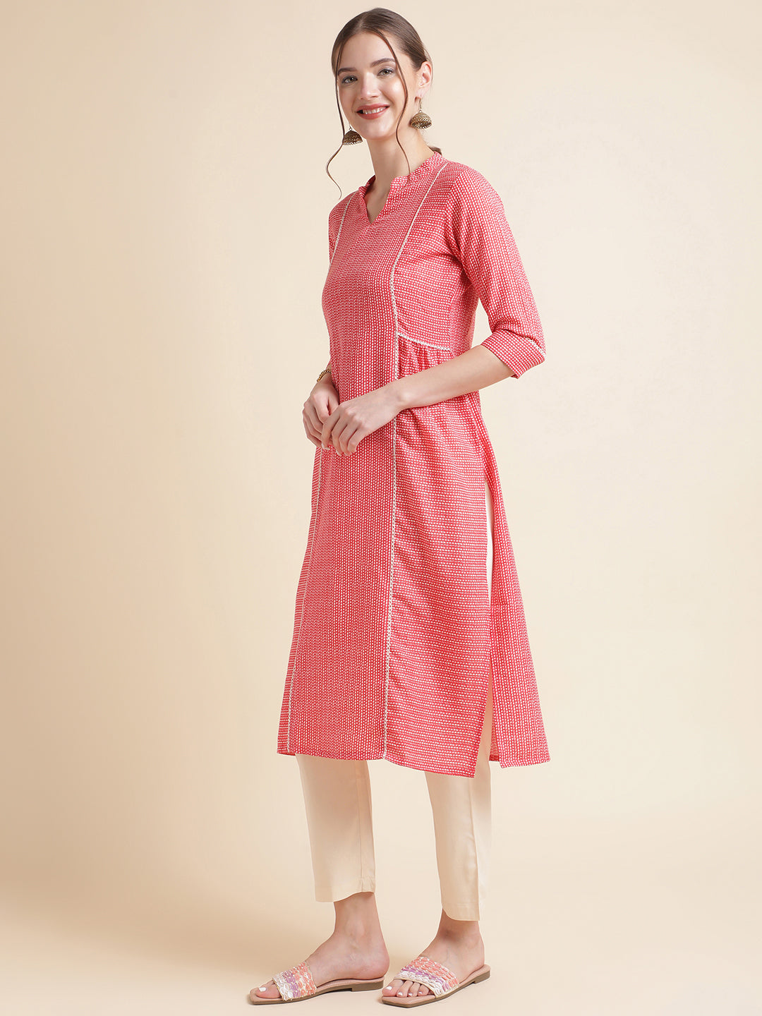 Red Striped Cotton Blend Women Kurtas