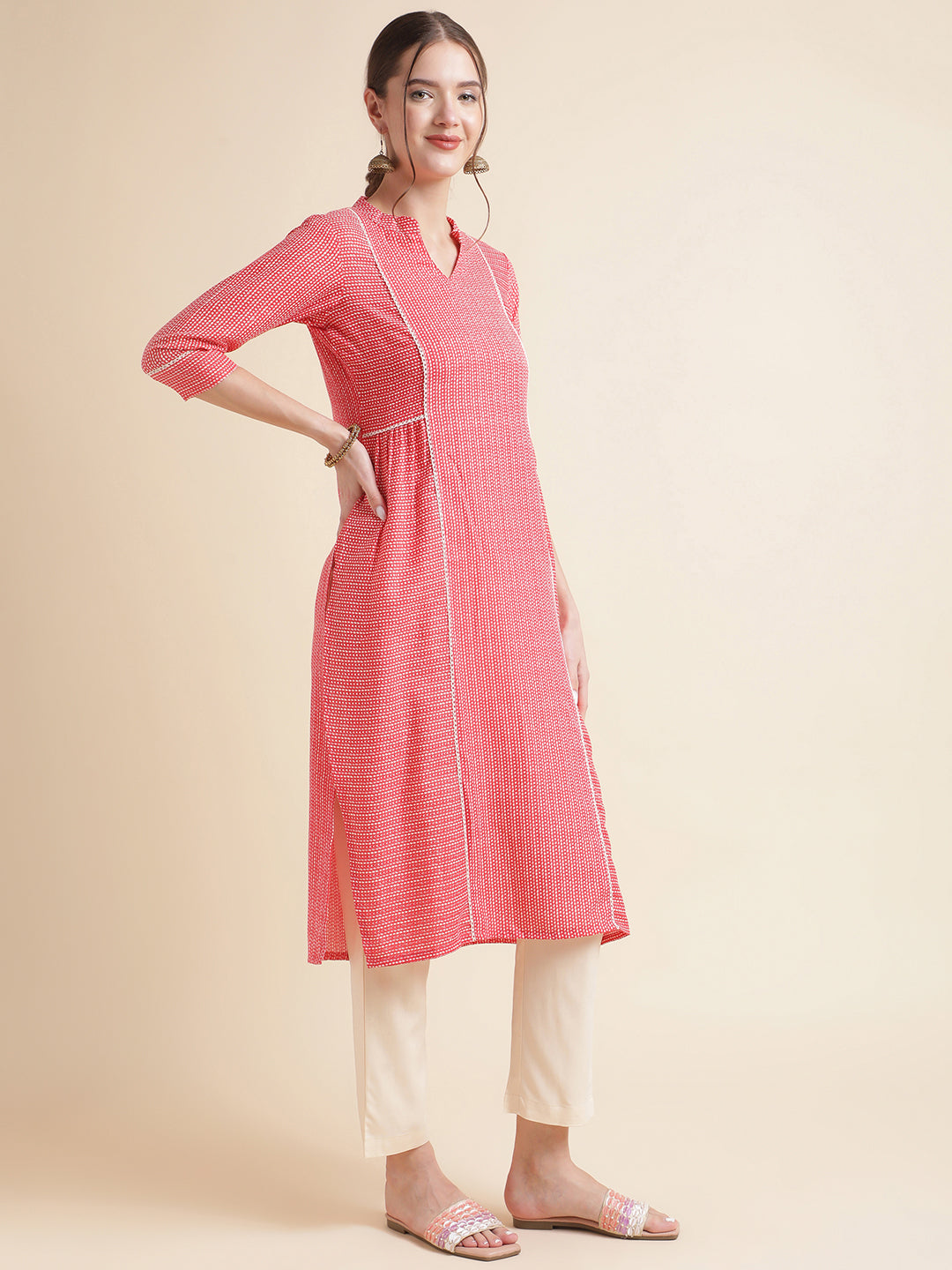 Red Striped Cotton Blend Women Kurtas