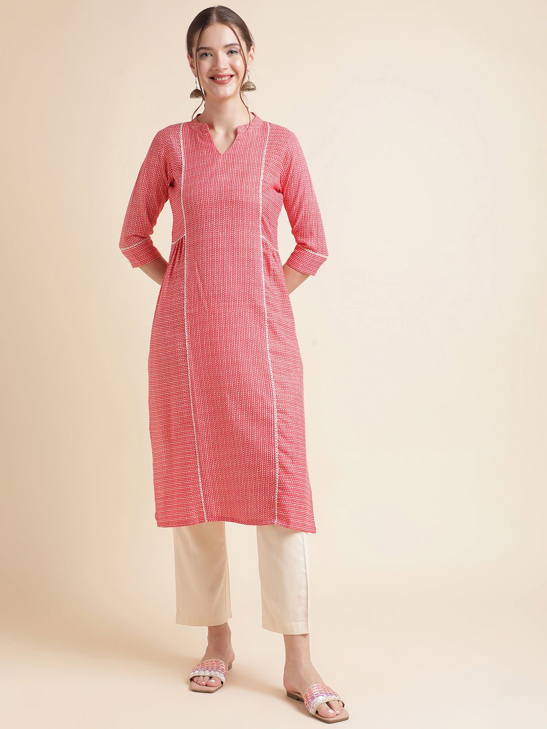 Red Striped Cotton Blend Women Kurtas