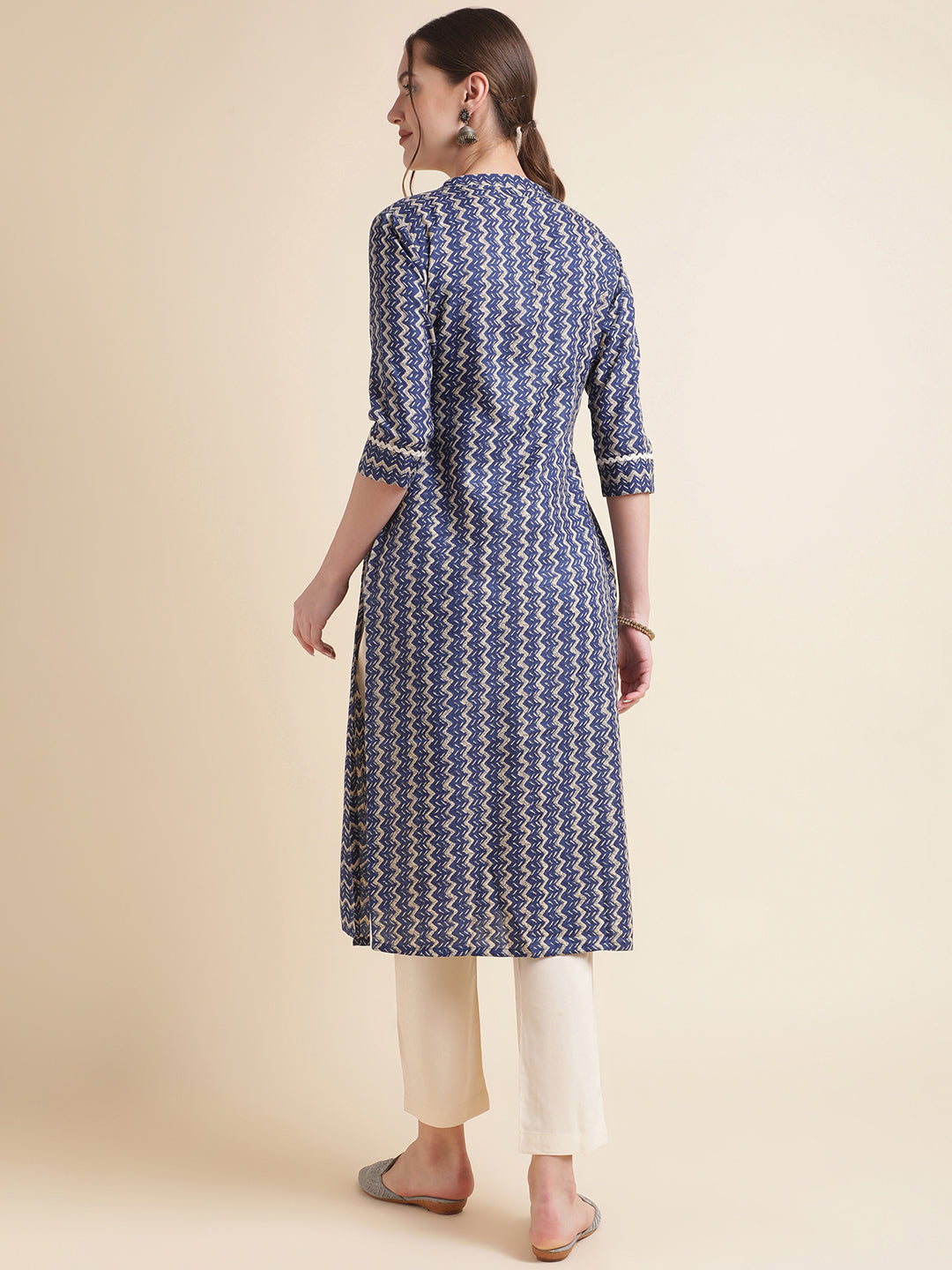 Blue Striped Cotton Blend Women Kurtas