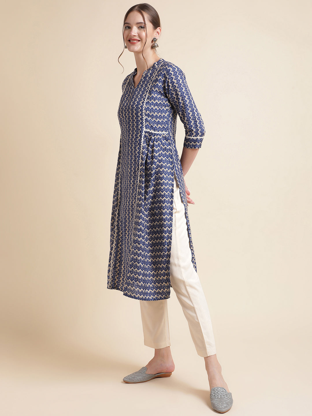 Blue Striped Cotton Blend Women Kurtas