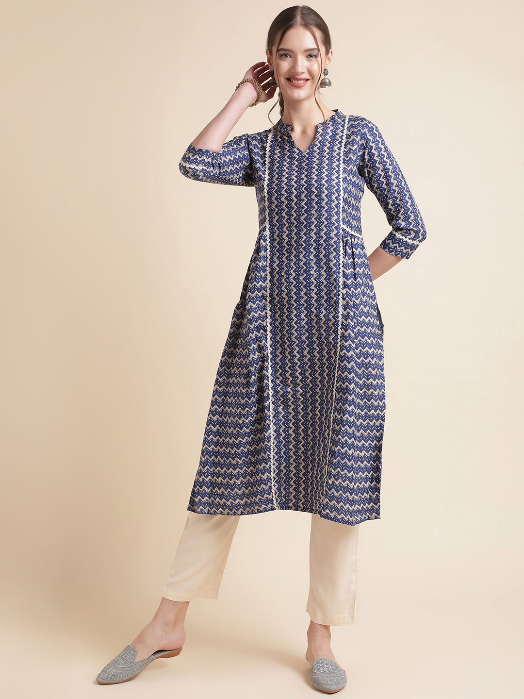 Blue Striped Cotton Blend Women Kurtas