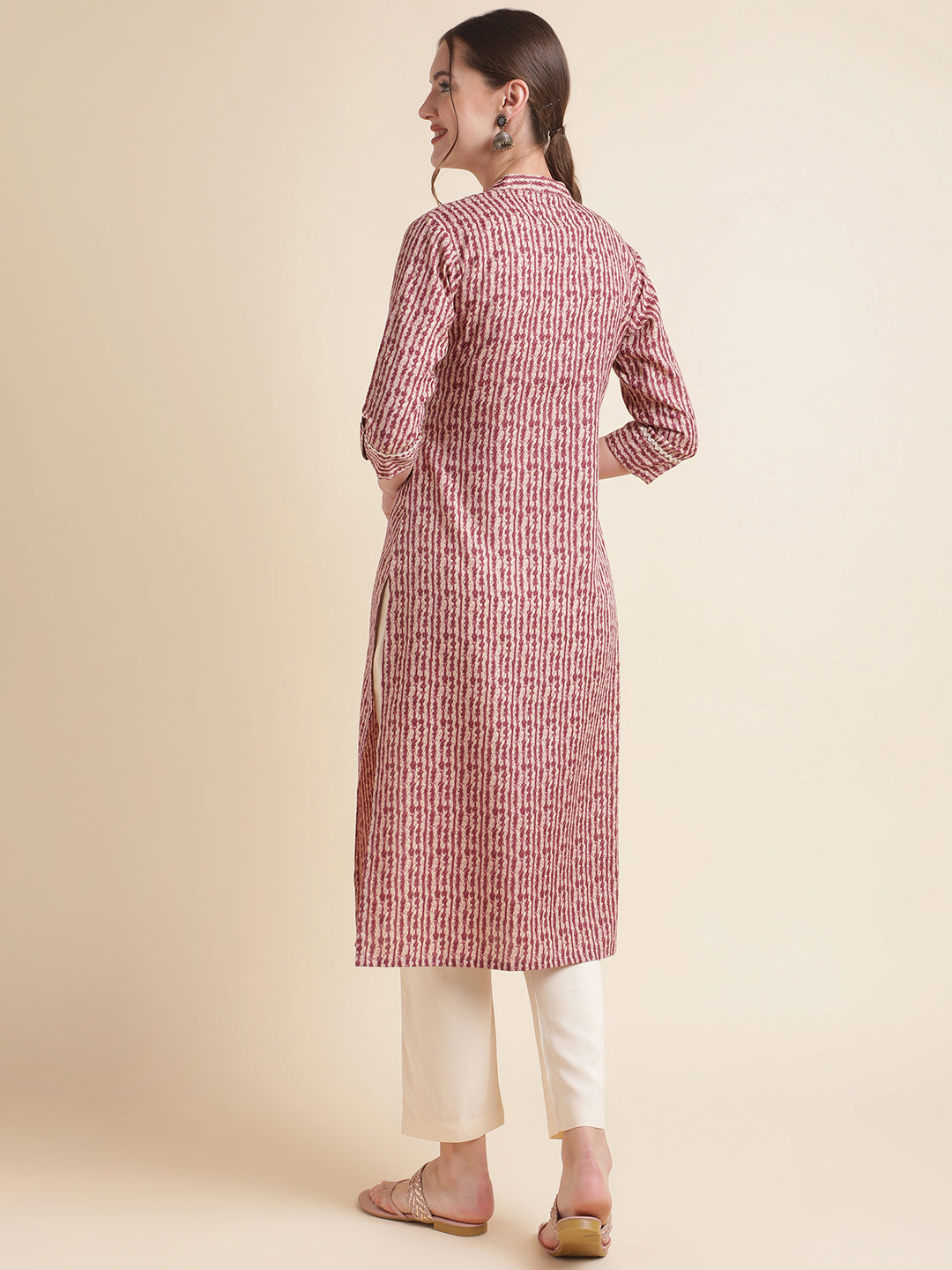 Pinkish Red Striped Cotton Blend Kurtas