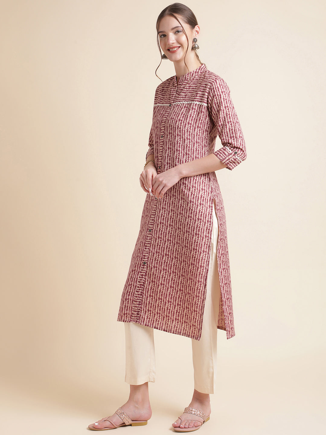 Pinkish Red Striped Cotton Blend Kurtas