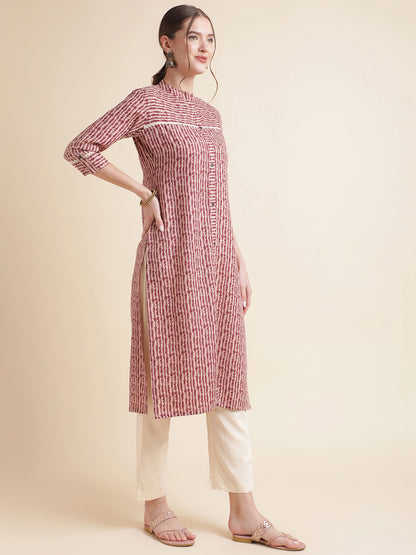 Pinkish Red Striped Cotton Blend Kurtas