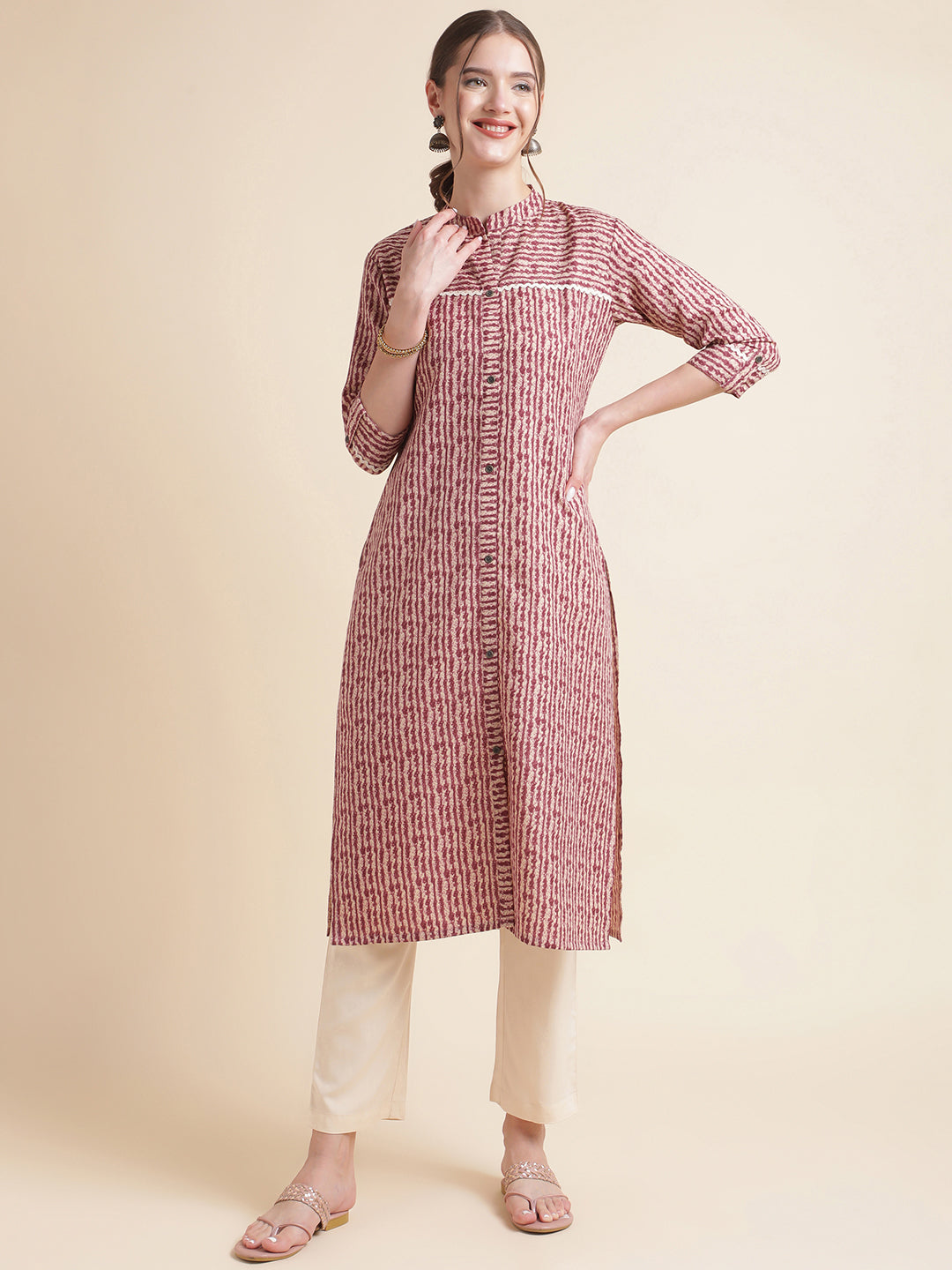 Pinkish Red Striped Cotton Blend Kurtas