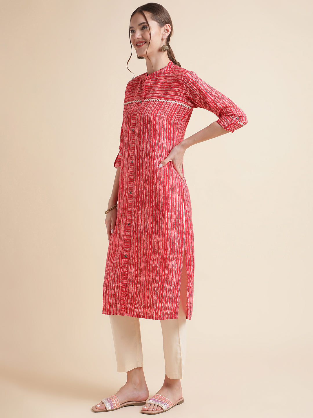 Red Cotton Blend Straight Women Kurta