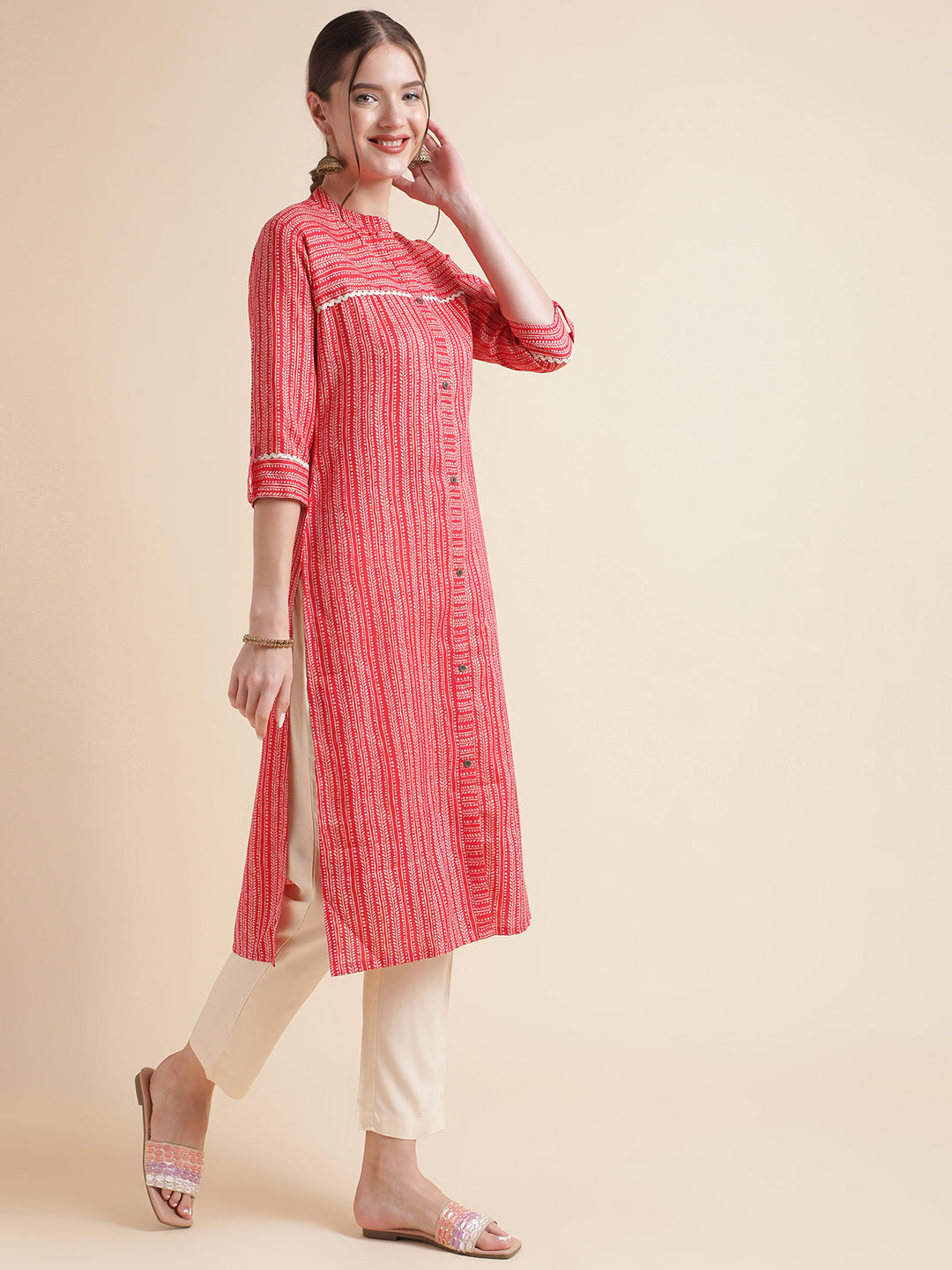 Red Cotton Blend Straight Women Kurta