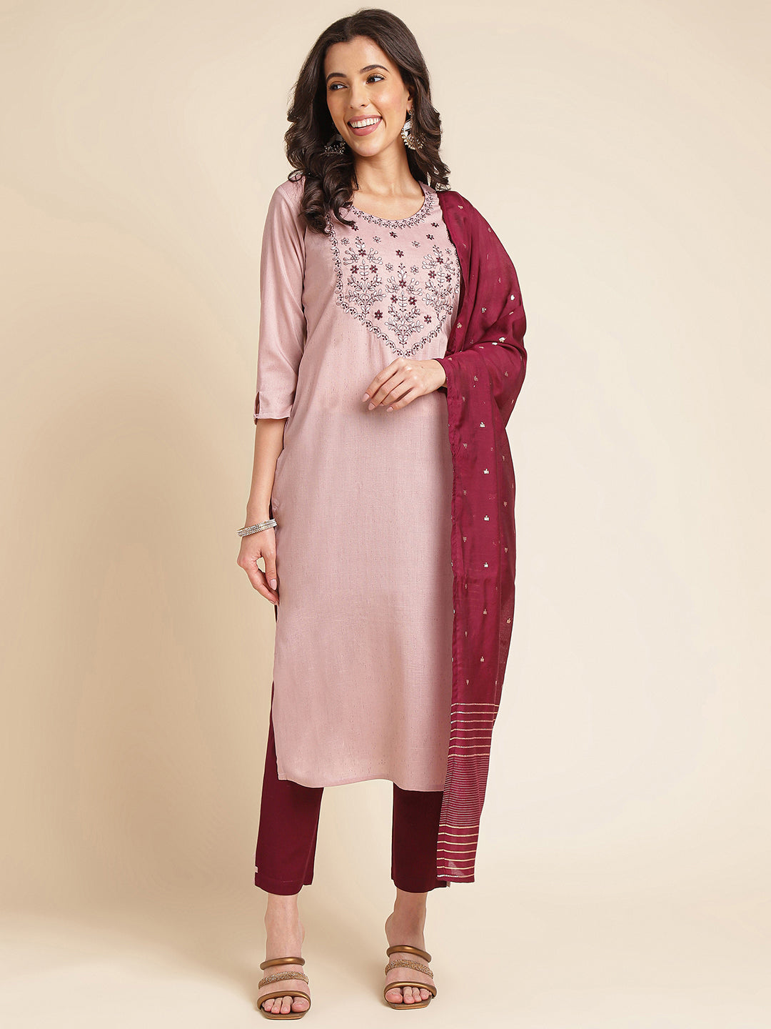 Light Brown Embroidered Straight Pure Silk Kurta Set