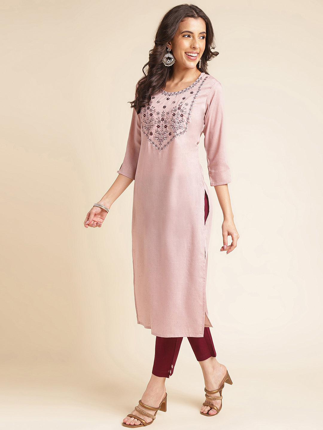 Light Brown Embroidered Straight Pure Silk Kurta Set