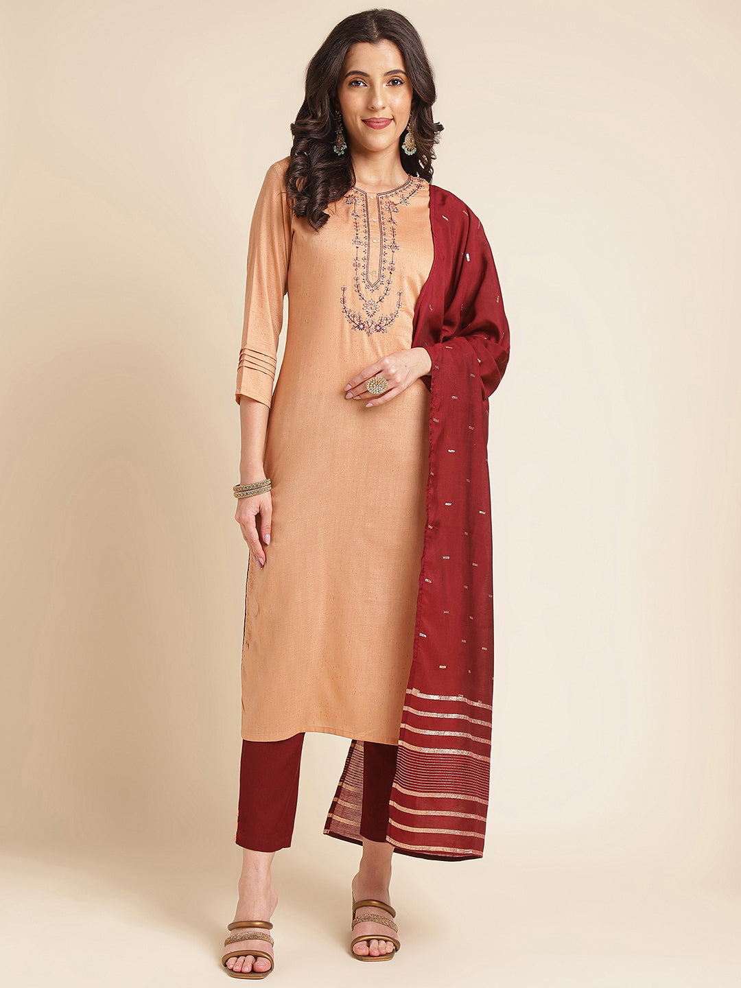 Mustard Embroidered Straight Pure Silk Kurta Set