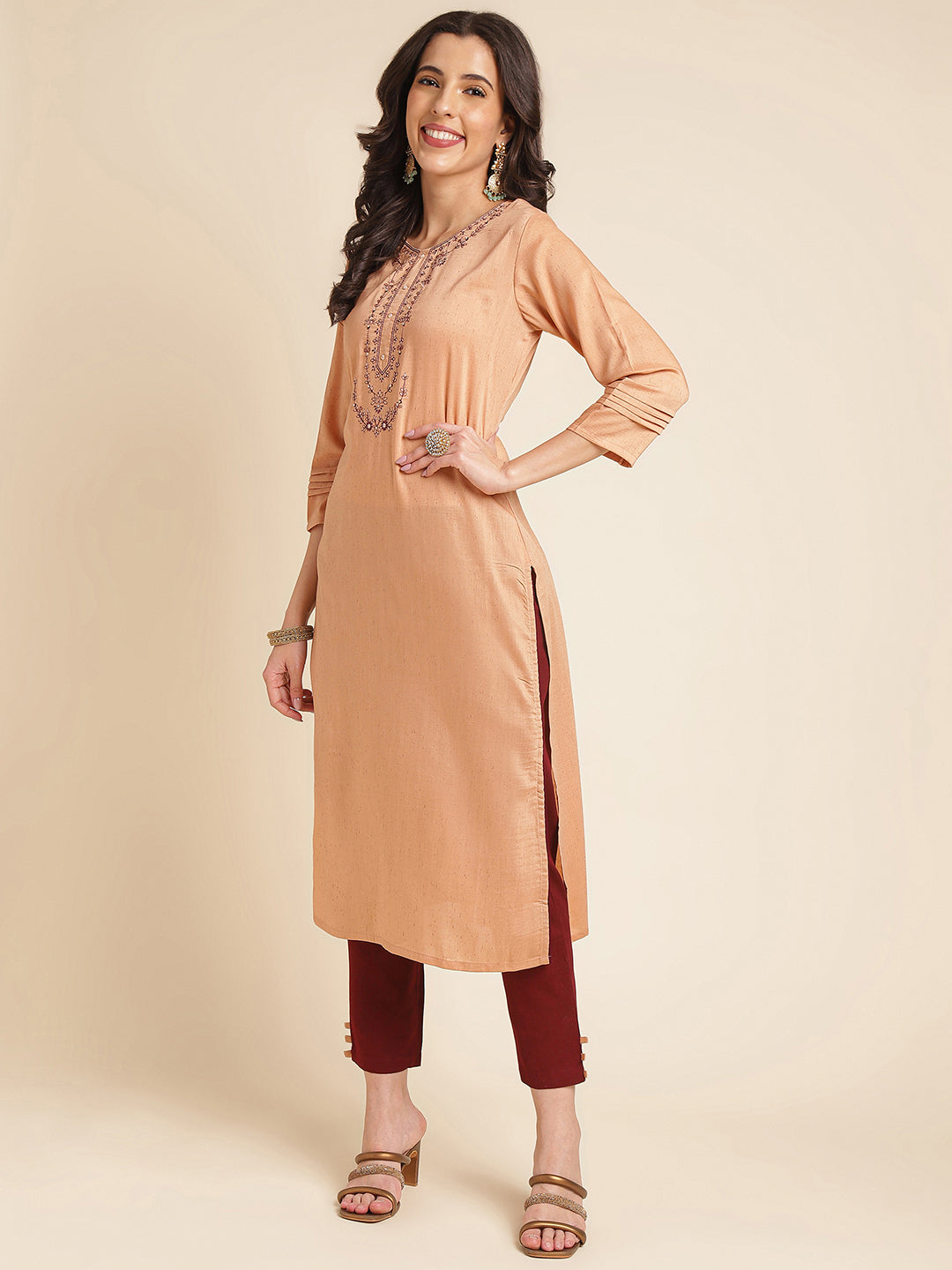 Mustard Embroidered Straight Pure Silk Kurta Set