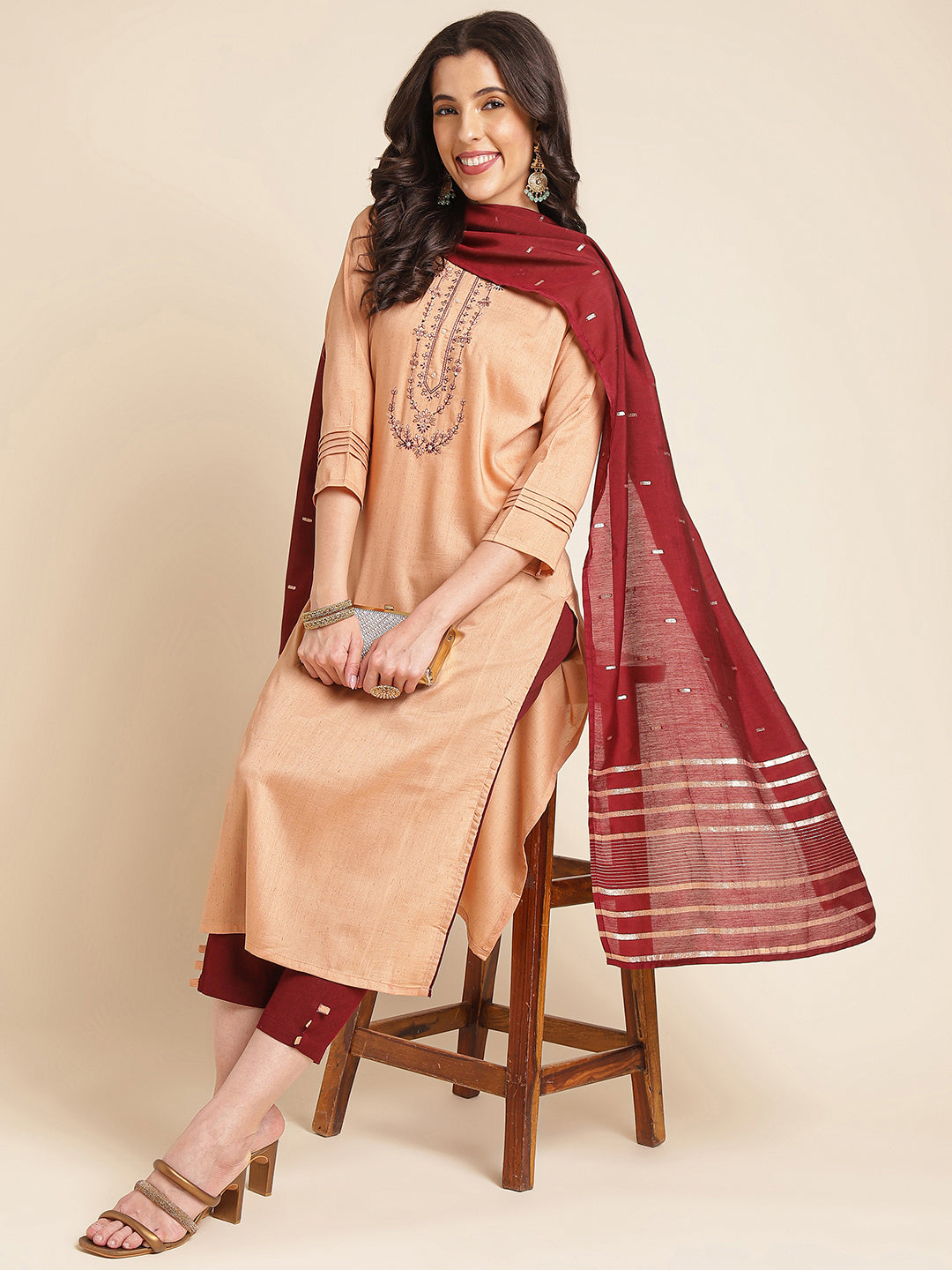 Mustard Embroidered Straight Pure Silk Kurta Set