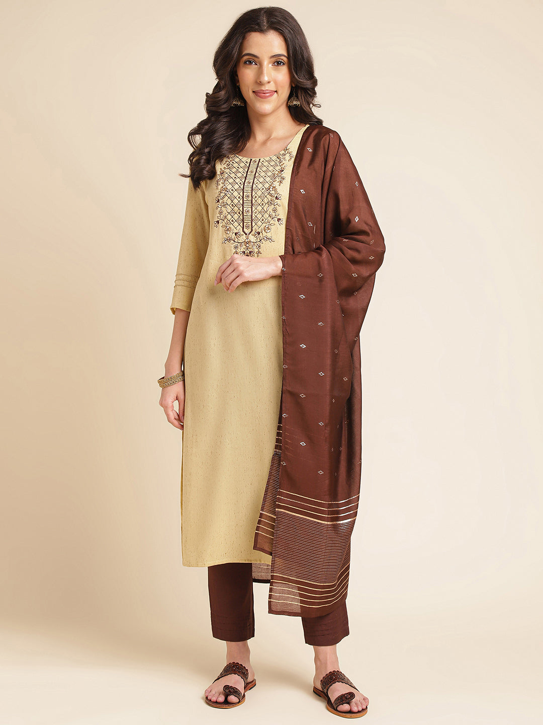 Yellow Embroidered Straight Pure Silk Kurta Set