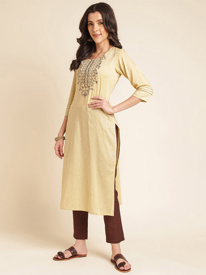 Yellow Embroidered Straight Pure Silk Kurta Set