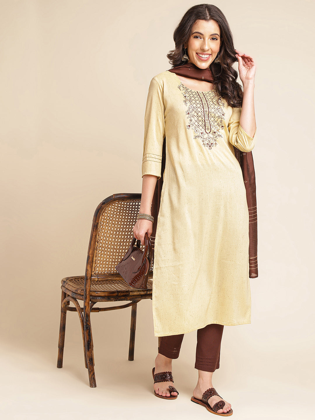 Yellow Embroidered Straight Pure Silk Kurta Set