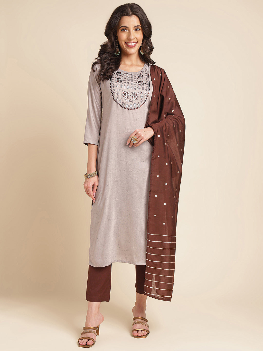 Grey Embroidered Straight Pure Silk Kurta Set