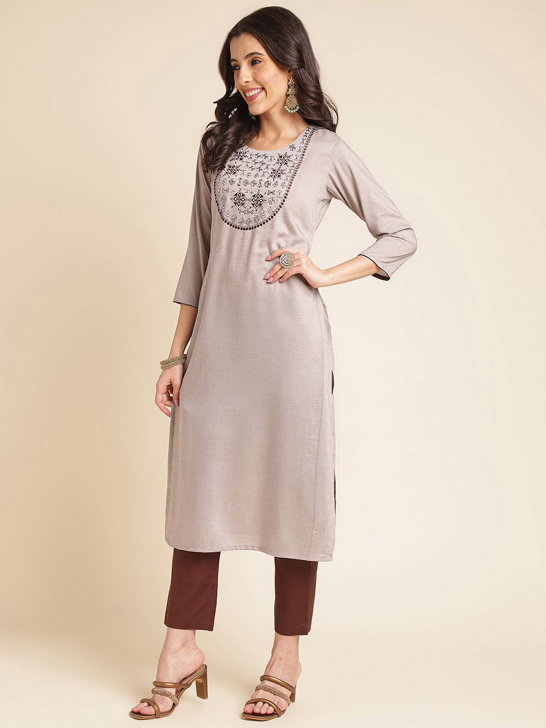 Grey Embroidered Straight Pure Silk Kurta Set