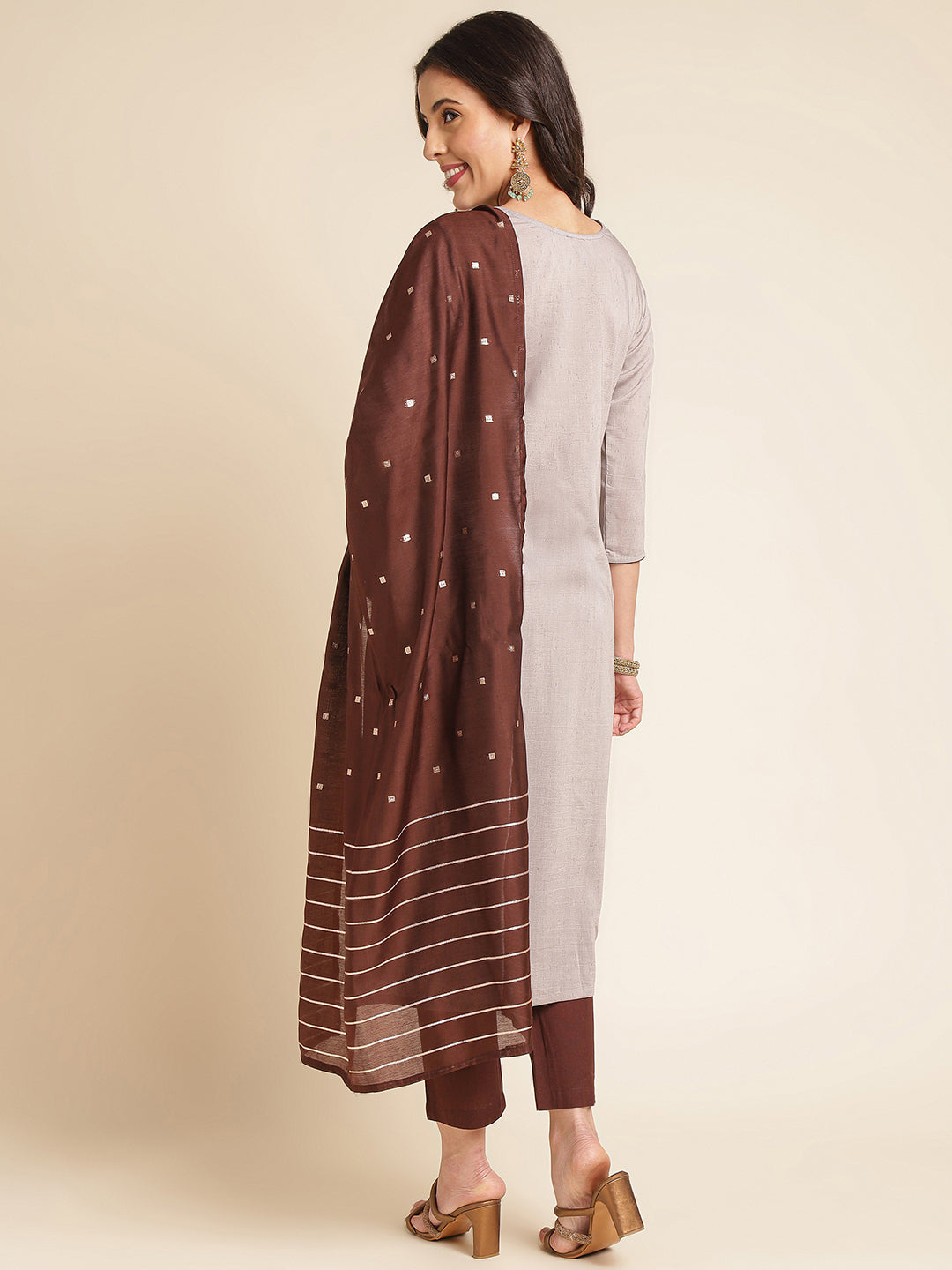 Grey Embroidered Straight Pure Silk Kurta Set