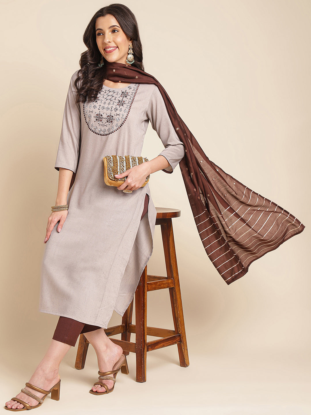 Grey Embroidered Straight Pure Silk Kurta Set