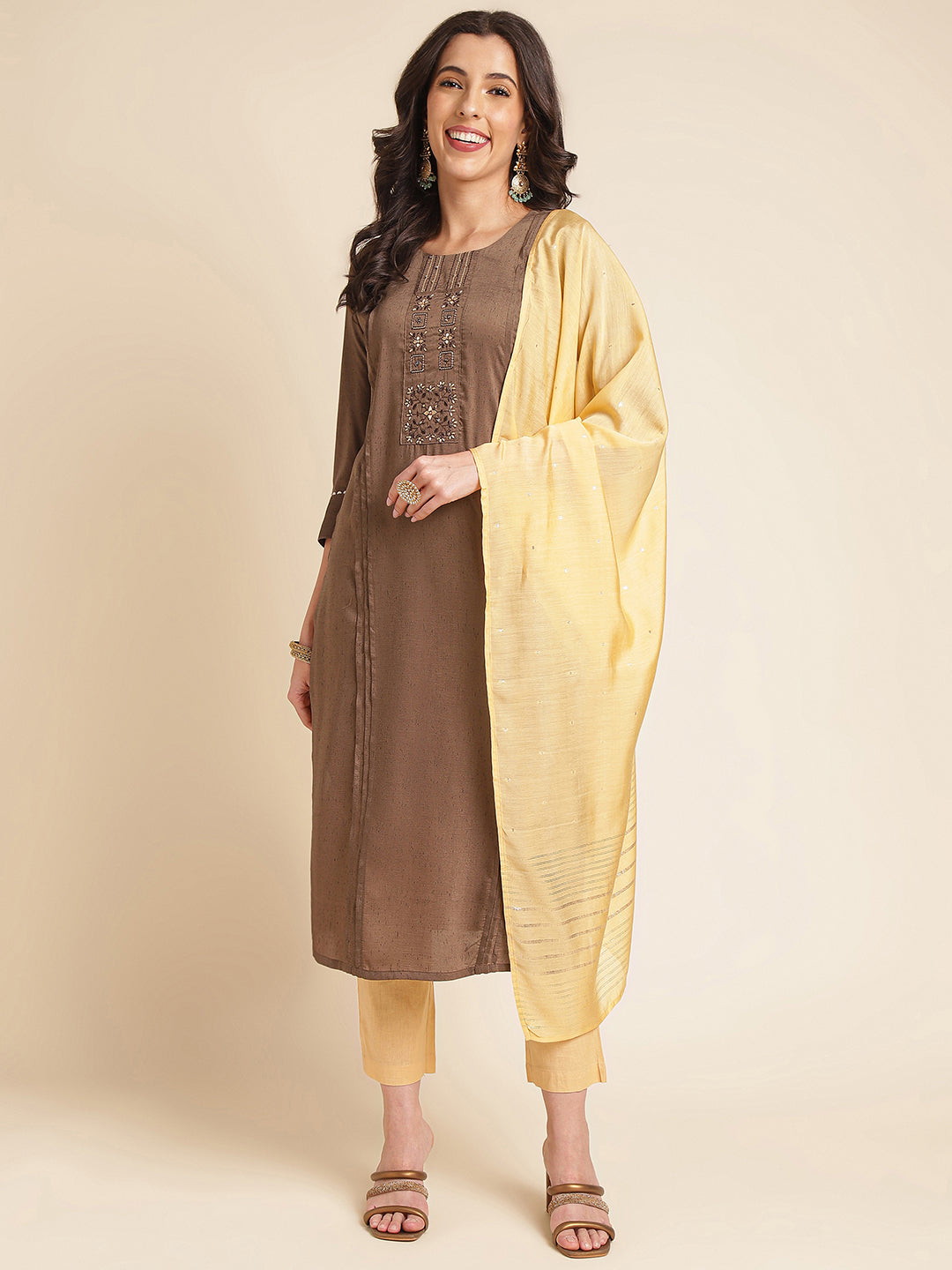 Brown Embroidered Straight Pure Silk Kurta Set