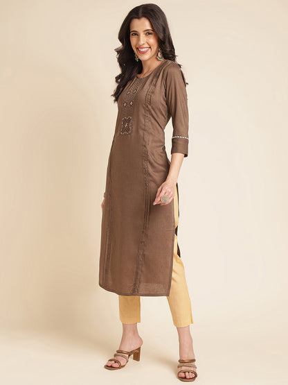 Brown Embroidered Straight Pure Silk Kurta Set