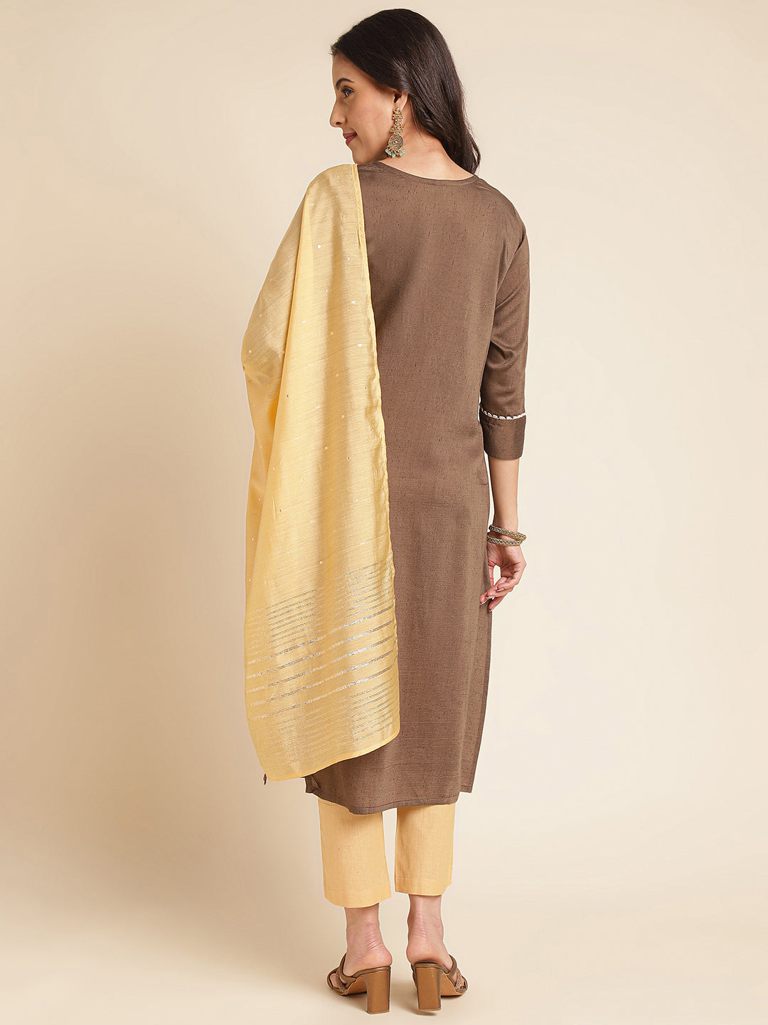 Brown Embroidered Straight Pure Silk Kurta Set