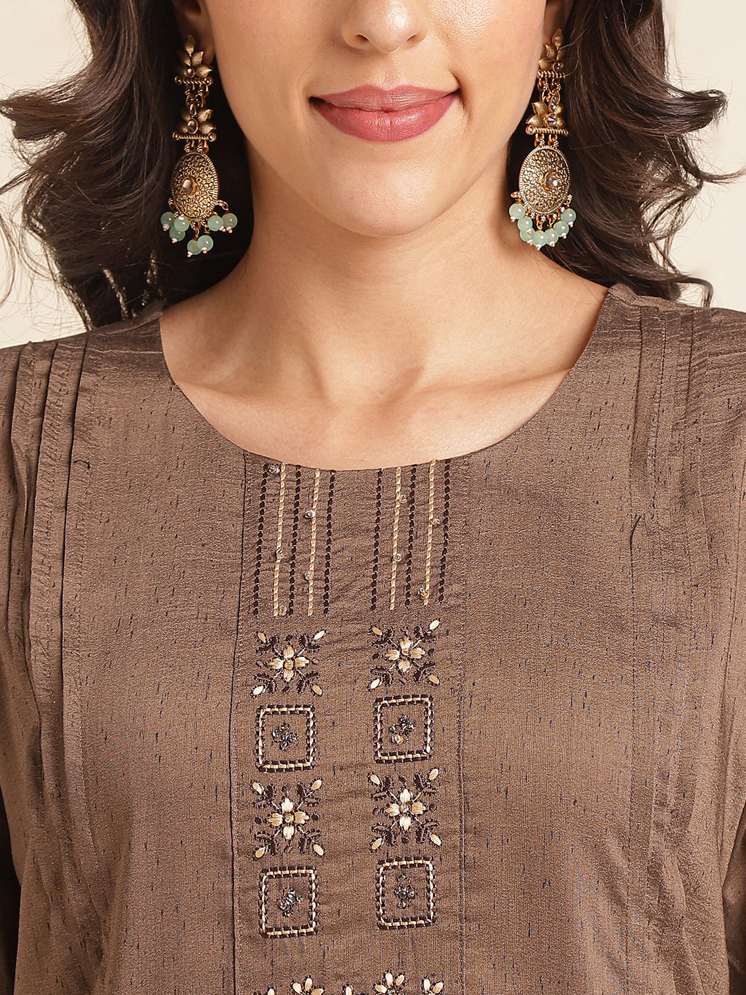 Brown Embroidered Straight Pure Silk Kurta Set