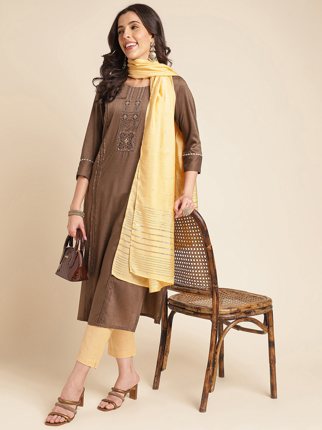 Brown Embroidered Straight Pure Silk Kurta Set