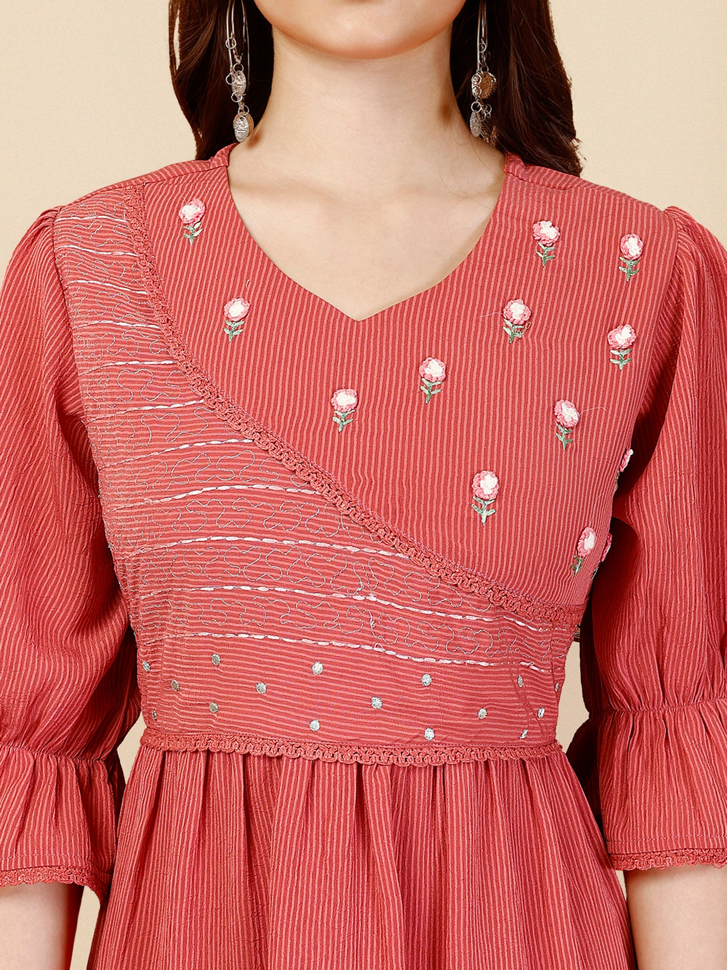 Coral Pink Georgette Round Neck Tunic