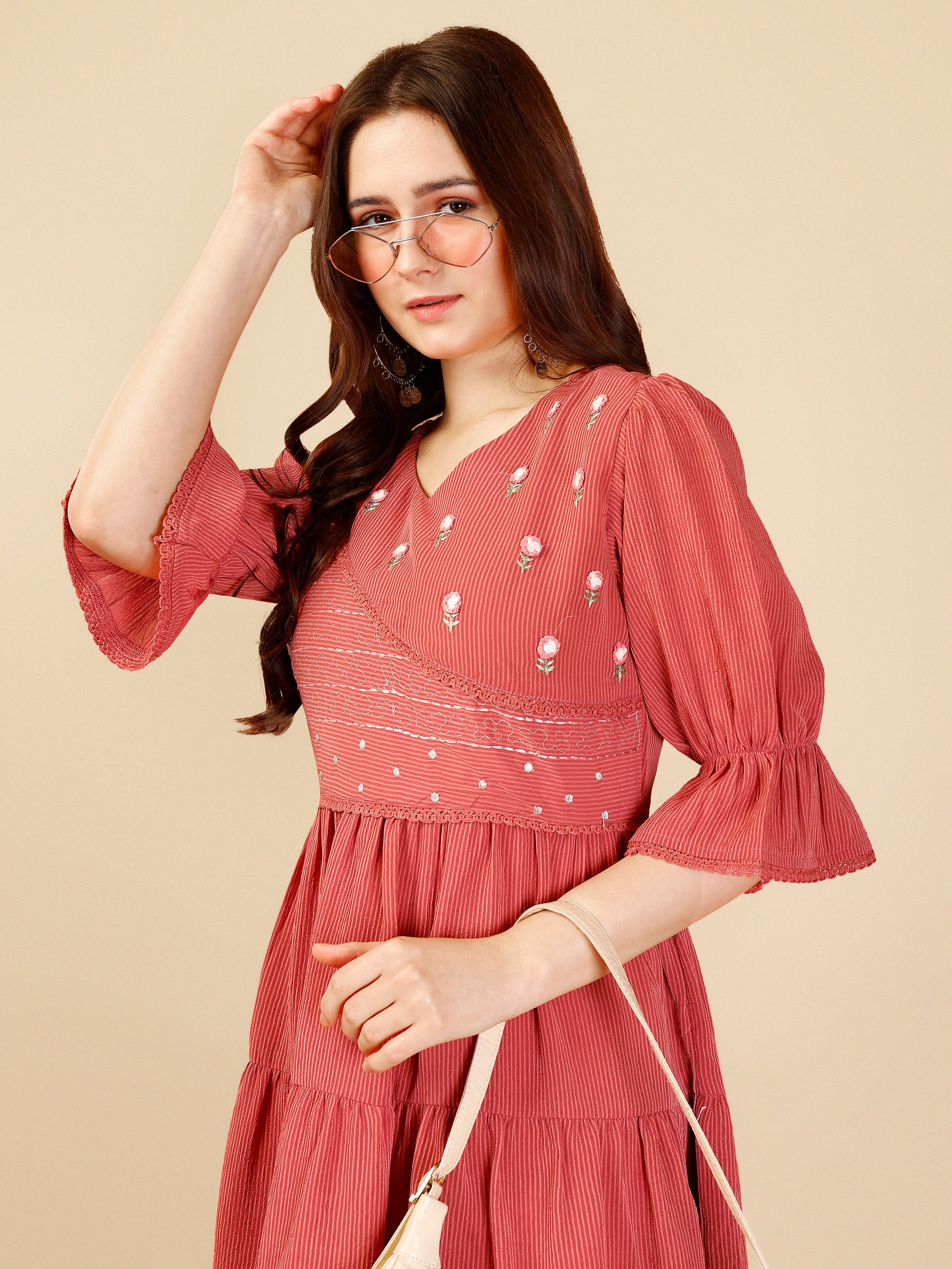 Coral Pink Georgette Round Neck Tunic