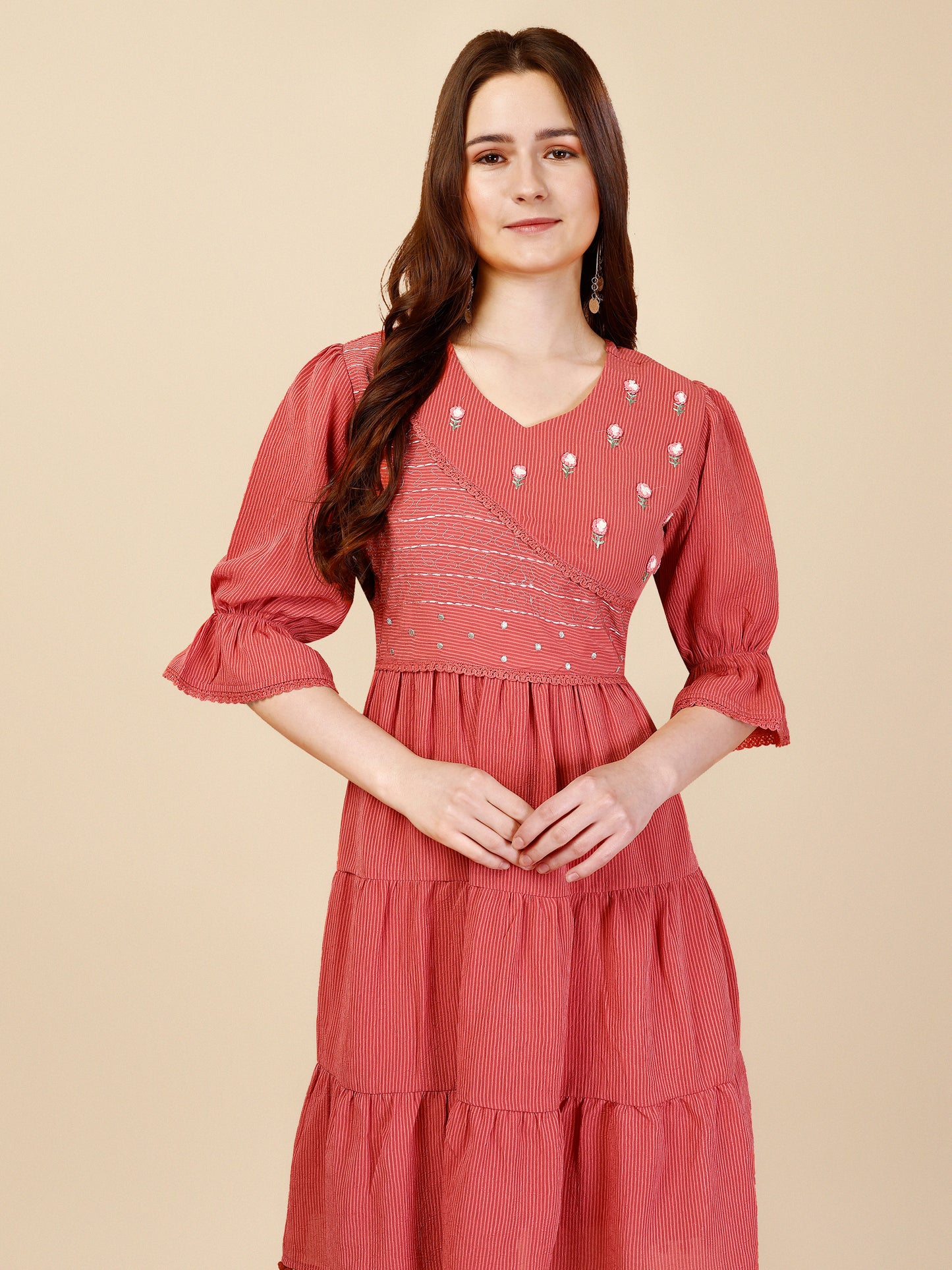 Coral Pink Georgette Round Neck Tunic