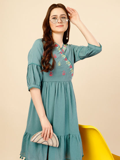 Teal Blue Georgette Round Neck Tunic