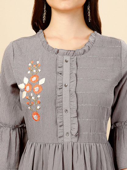 Grey Flared Georgette Round Neck Tunic