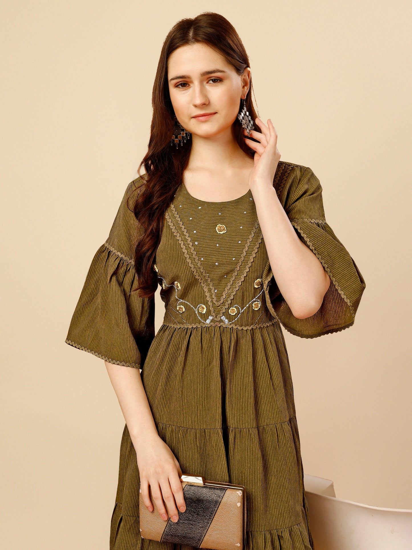 Green Flared Georgette Round Neck Tunic