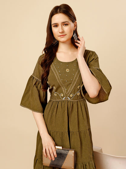 Green Flared Georgette Round Neck Tunic