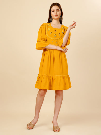 Yellow Flared Georgette Round Neck Tunic