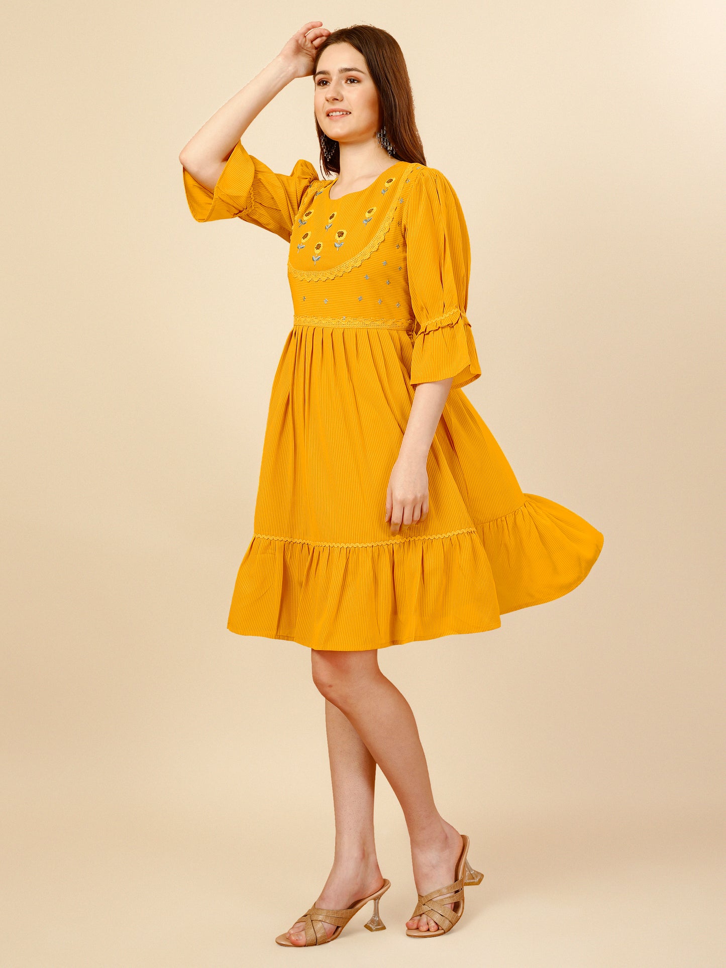 Yellow Flared Georgette Round Neck Tunic