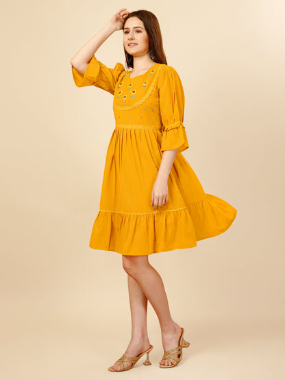 Yellow Flared Georgette Round Neck Tunic