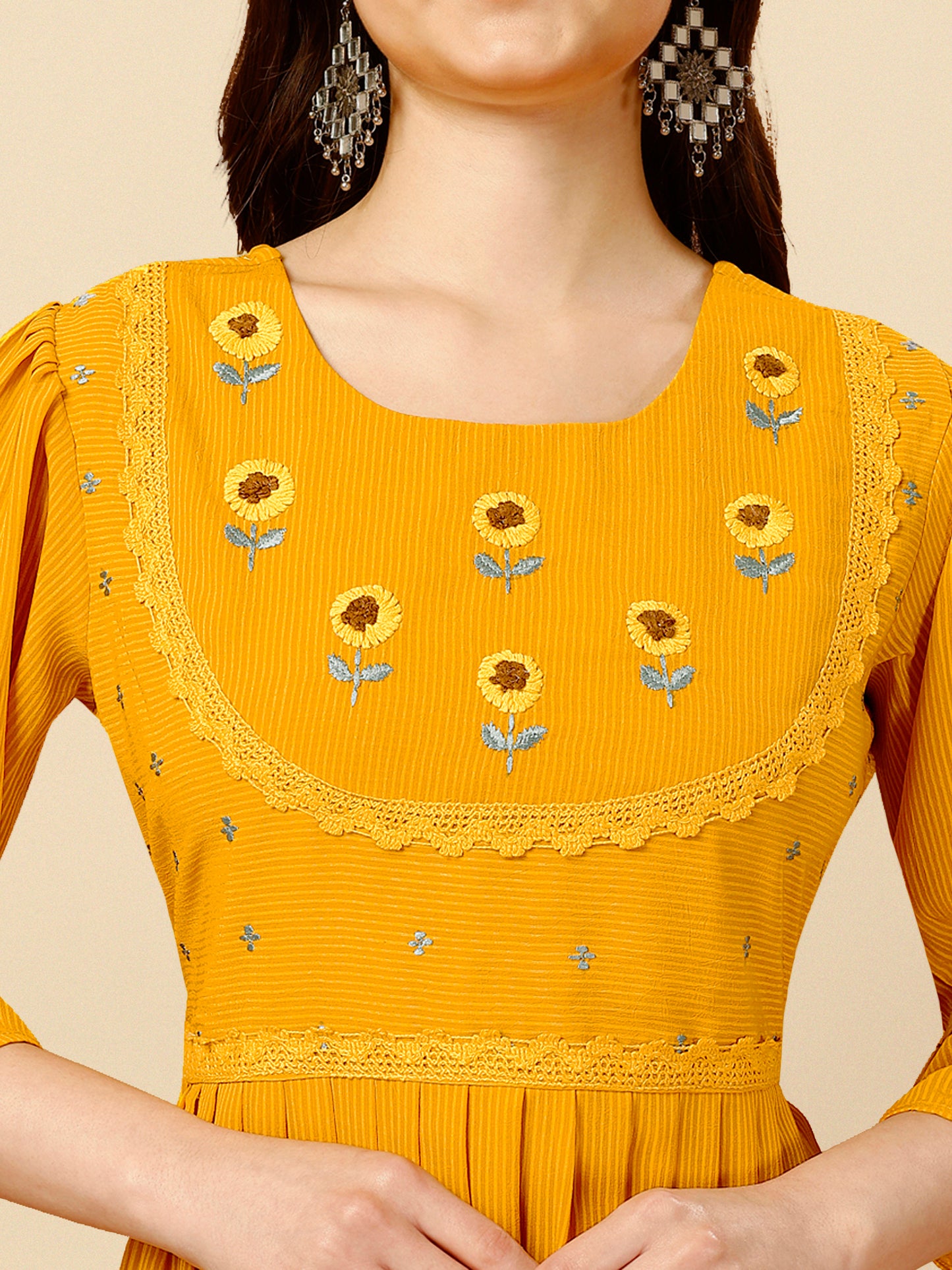 Yellow Flared Georgette Round Neck Tunic