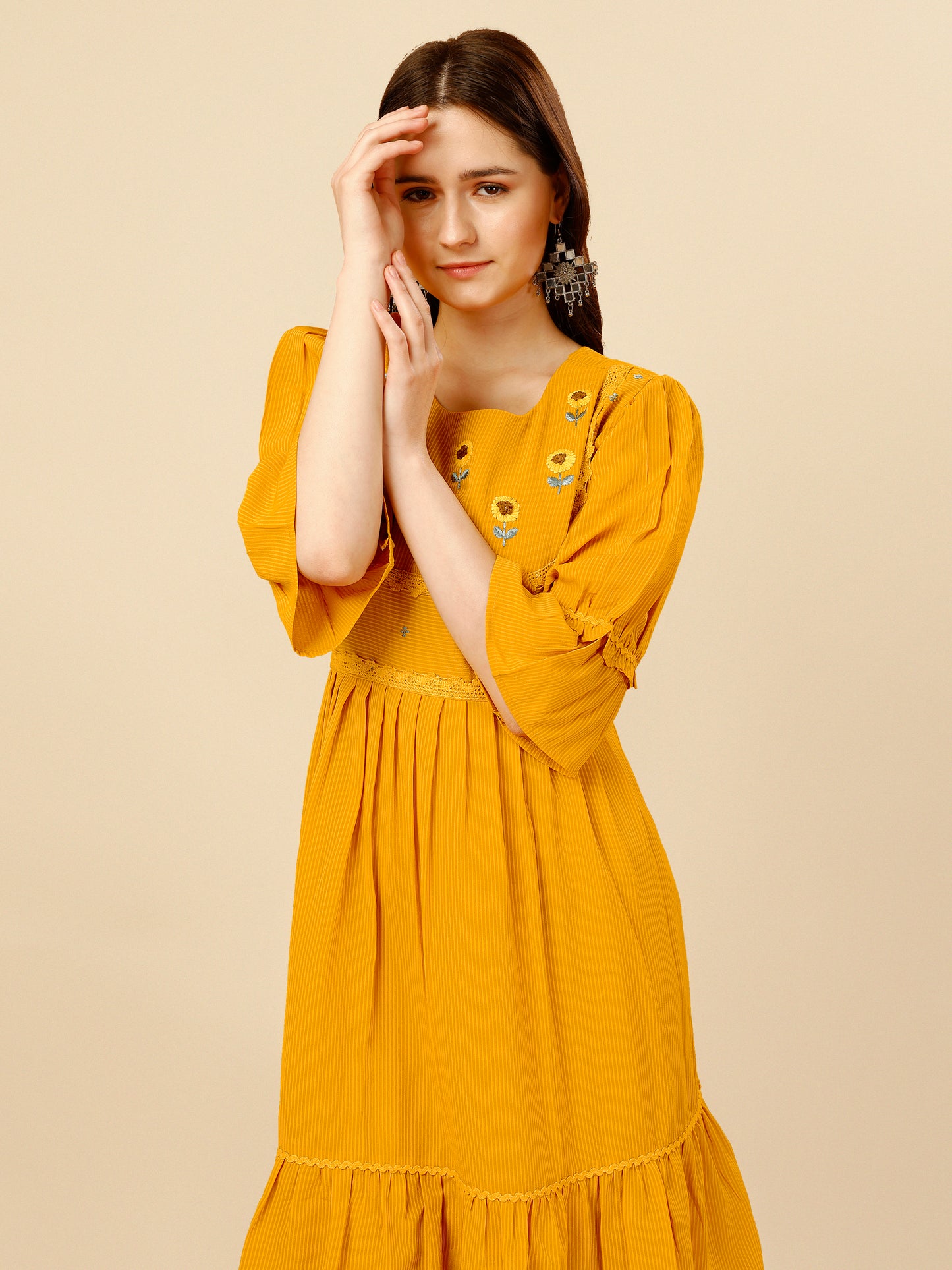 Yellow Flared Georgette Round Neck Tunic