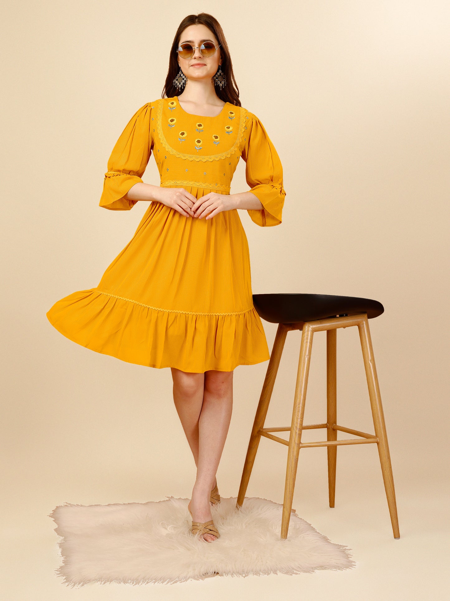 Yellow Flared Georgette Round Neck Tunic