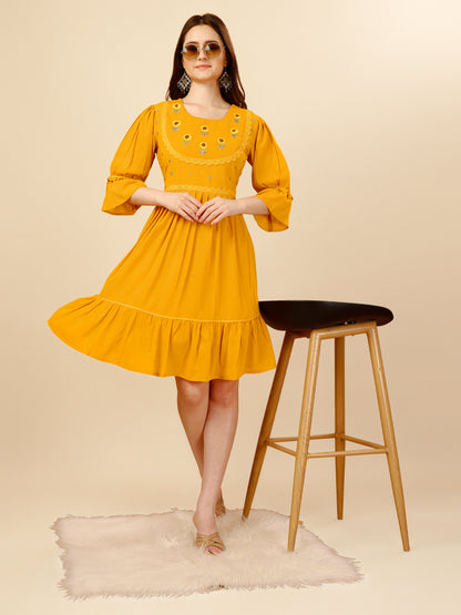 Yellow Flared Georgette Round Neck Tunic