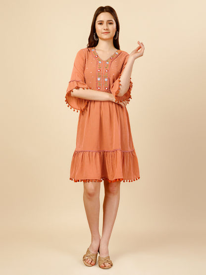 Orange Flared Georgette Round Neck Tunic