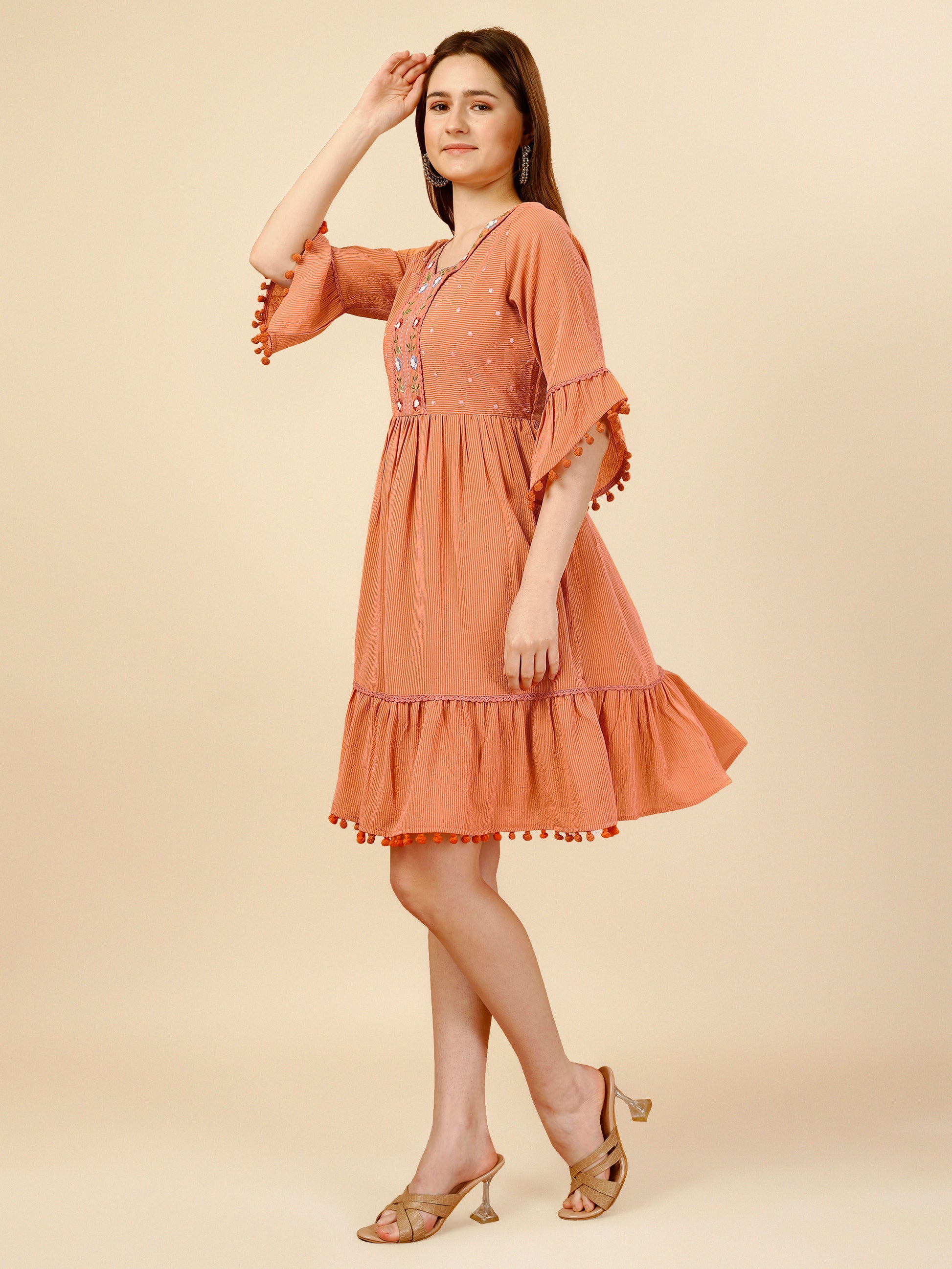 Orange Flared Georgette Round Neck Tunic