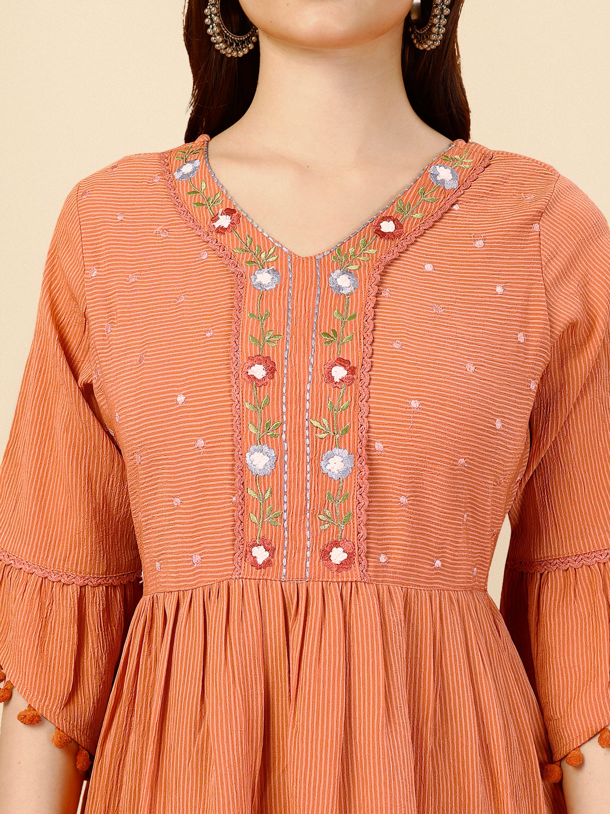 Orange Flared Georgette Round Neck Tunic