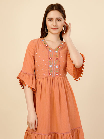 Orange Flared Georgette Round Neck Tunic